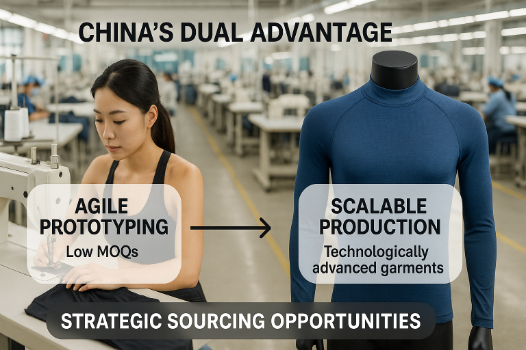 Diagram showcasing China's dual advantage in fitness clothing manufacturing: agile prototyping with low MOQs and scalable production of technologically advanced garments, illustrating strategic sourcing opportunities.