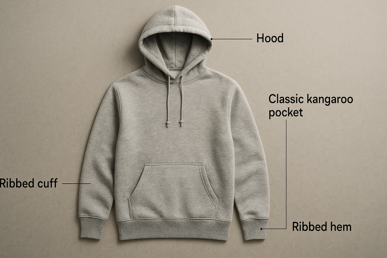 A meticulously labeled diagram illustrating the primary anatomical components of a standard pullover hoodie, detailing the hood structure, classic kangaroo pocket, and essential ribbed cuffs and hem for clear specification understanding.