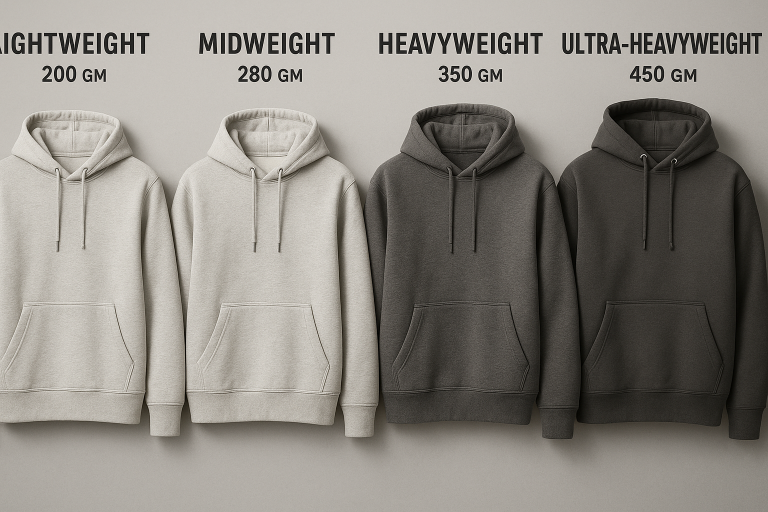 A visual spectrum illustrating the direct correlation between varying GSM ranges in hoodie fabrics, from lightweight (thin) to ultra-heavyweight (thick), explicitly showing their impact on product application and strategic market positioning.