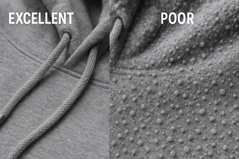A close-up macro photograph presenting contrasting examples of excellent and poor fabric pilling on a hoodie, visually underscoring the critical importance of rigorous pilling resistance testing in fabric quality assessment.