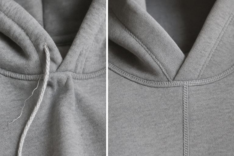 A visual comparison highlighting the stark difference between a poorly stitched hoodie seam, characterized by loose threads and fabric puckering, versus a perfectly executed flatlock seam demonstrating superior garment construction.