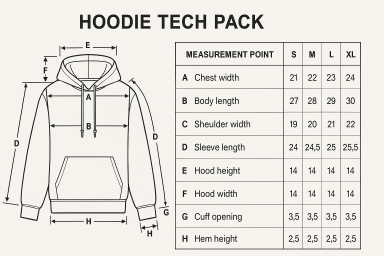 A clear screenshot extract from a meticulously structured hoodie tech pack, explicitly detailing measurement points across various sizes to ensure precise and consistent garment dimensions.
