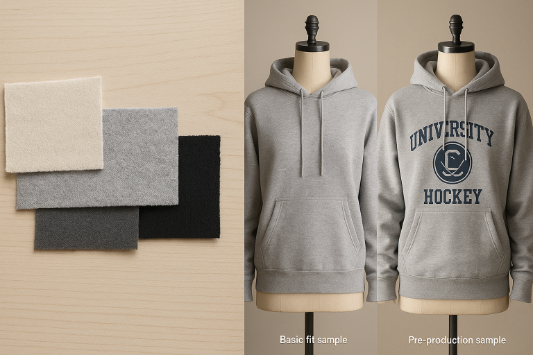 A visual sequence depicting the crucial progression of samples for a hoodie, from initial small fabric swatches to a basic fit sample on a mannequin, culminating in the fully embellished and approved pre-production sample.