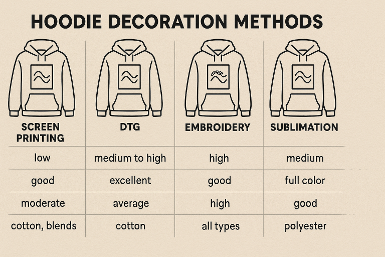 An informative infographic comparing the key characteristics of various hoodie decoration methods (Screen Printing, DTG, Embroidery, Sublimation), outlining differences in cost, detail resolution, durability, and suitable fabric types to guide selection.