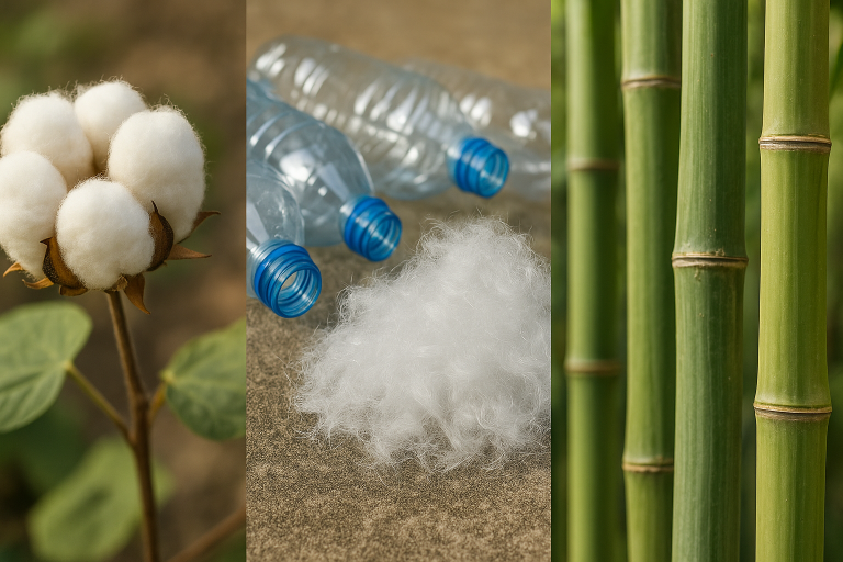 A clear visual representation of key eco-friendly materials employed in sustainable hoodie manufacturing: an organic cotton plant, discarded plastic bottles undergoing transformation into rPET fibers, and bamboo stalks.