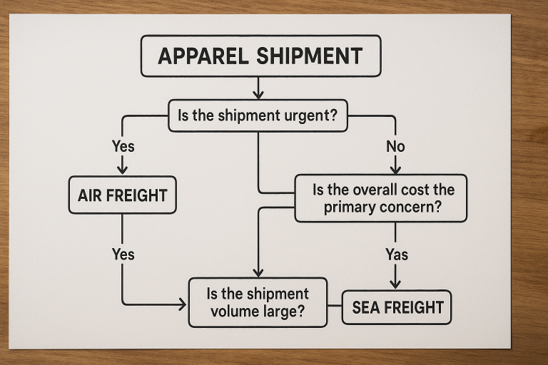 A clear flowchart illustrating the structured decision-making process for selecting between air and sea freight options for apparel shipments, considering key factors such as urgency, overall cost, and shipment volume.