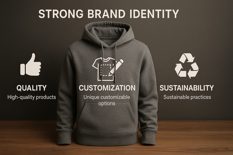 A conceptual graphic illustrating the foundational pillars of a strong brand identity: consistently high-quality products, unique customizable options for differentiation, and an unwavering commitment to sustainable manufacturing practices, all directly applicable to the hoodie market.