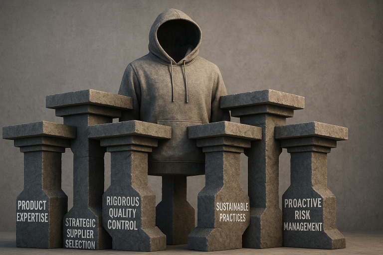 An abstract visual summarizing the interdependent pillars essential for successful hoodie sourcing from China: Product Expertise, Strategic Supplier Selection, Rigorous Quality Control, Sustainable Practices, and Proactive Risk Management.