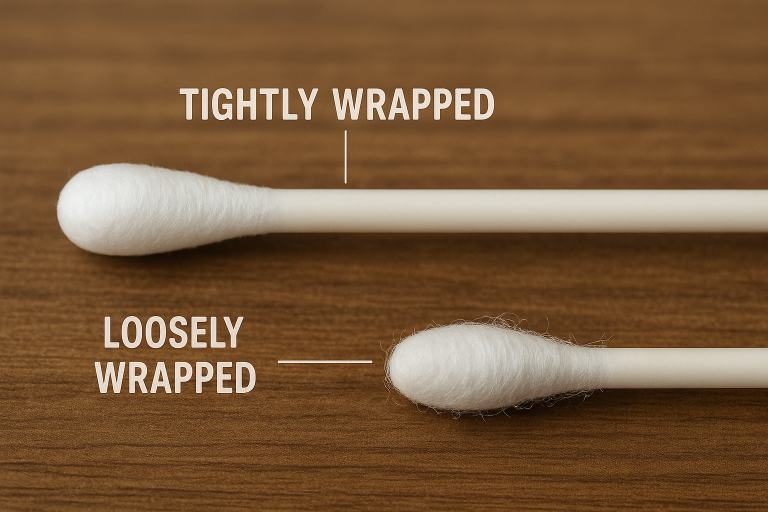 A visual comparison demonstrating cotton buds with tightly wrapped versus loosely wrapped tips, highlighting the direct implications for linting characteristics and absorption capabilities, crucial for buyer specifications.