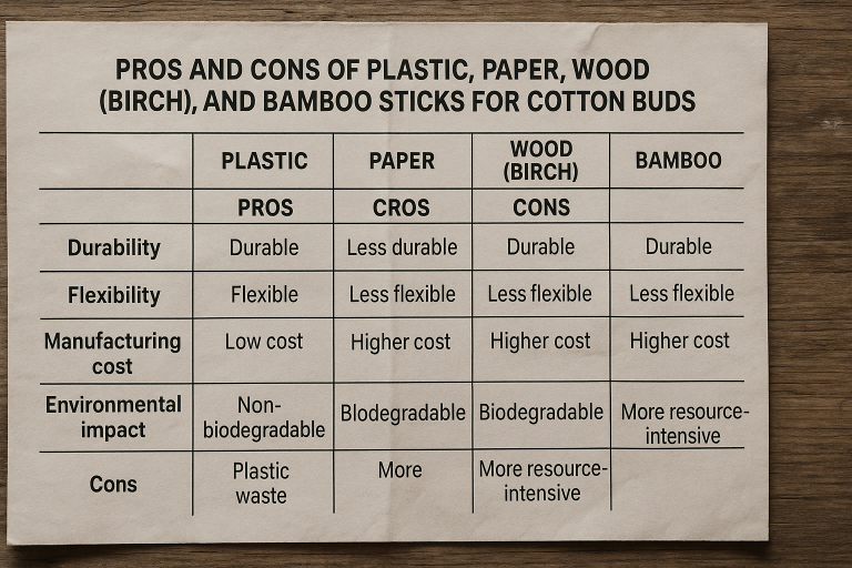 A comparative chart detailing the nuanced pros and cons of plastic, paper, wood (birch), and bamboo sticks for cotton buds, focusing on critical attributes such as durability, flexibility, manufacturing cost, and environmental impact.
