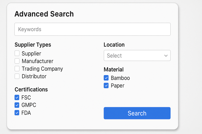 Screenshot of a B2B platform's advanced search interface, demonstrating the strategic application of filters for cotton bud material types (bamboo, paper) and relevant certifications (FSC, GMPC, FDA) to precisely refine supplier searches.
