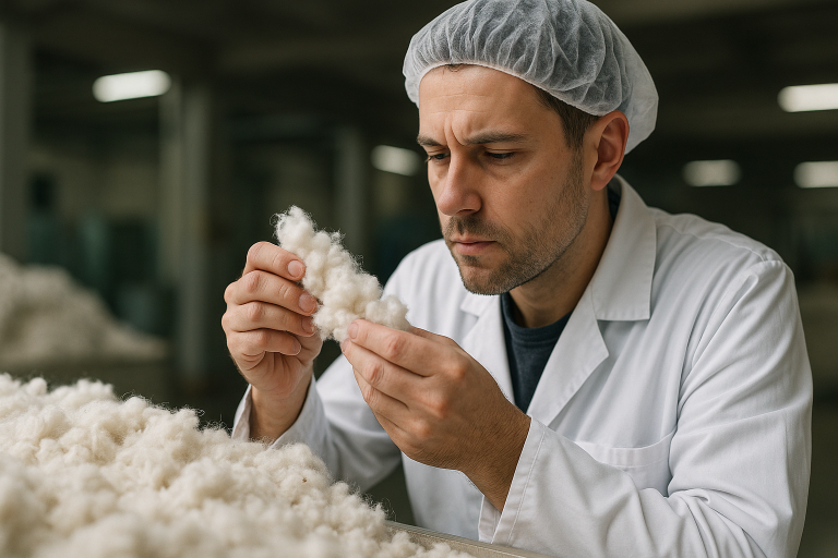 A quality control technician meticulously inspecting raw cotton fibers for purity, consistency, and foreign matter, illustrating a critical early step in pre-production QC for cotton bud manufacturing.