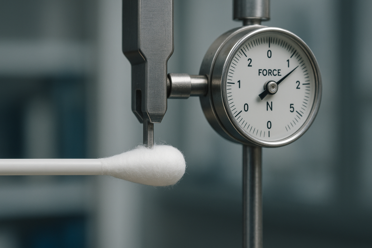 Illustration of a standardized laboratory pull test for cotton bud tip security, showing calibrated force being applied to the cotton tip to quantitatively measure its adhesion strength to the stick, critical for safety validation.