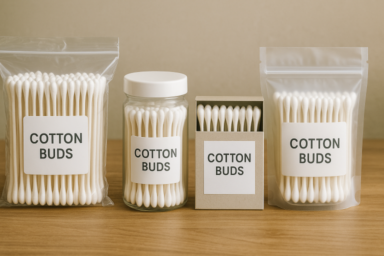 A visual collage showcasing a diverse range of cotton bud packaging types: polybags, plastic jars, flat paper boxes, and resealable pouches, highlighting the array of material and design options available for various market segments.