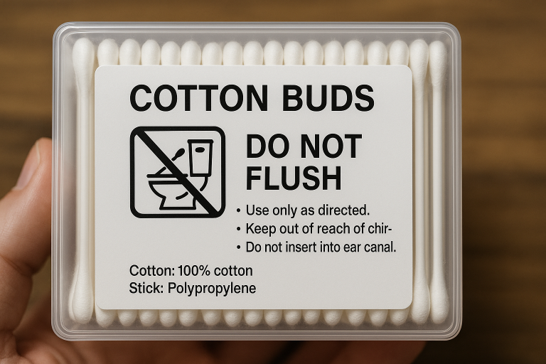 An example of a cotton bud product label meticulously designed to clearly display the 