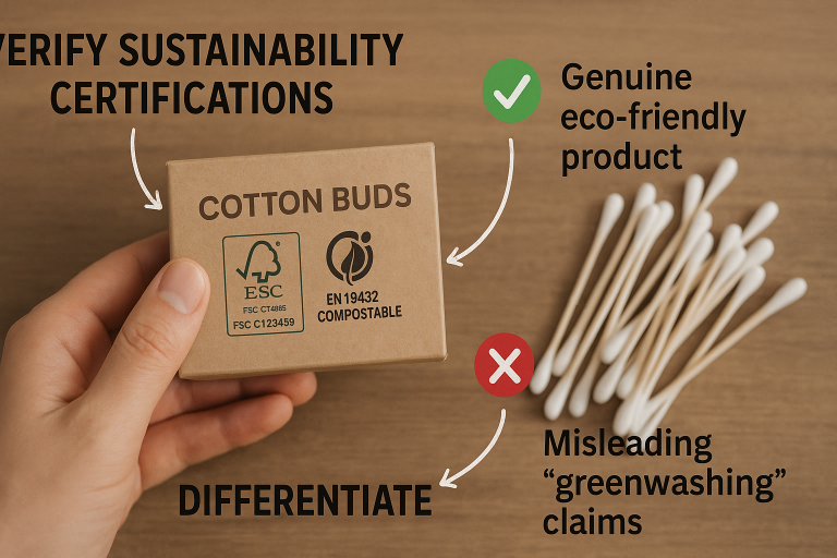Diagram illustrating the critical importance of verifying sustainability certifications (e.g., FSC, EN 13432 Compostable standards) for cotton buds to differentiate genuine eco-friendly products from misleading 