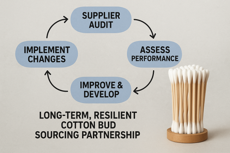 A flowchart illustrating the iterative process of regular supplier audits and continuous improvement cycles, emphasizing how these practices contribute to building a long-term, resilient cotton bud sourcing partnership.
