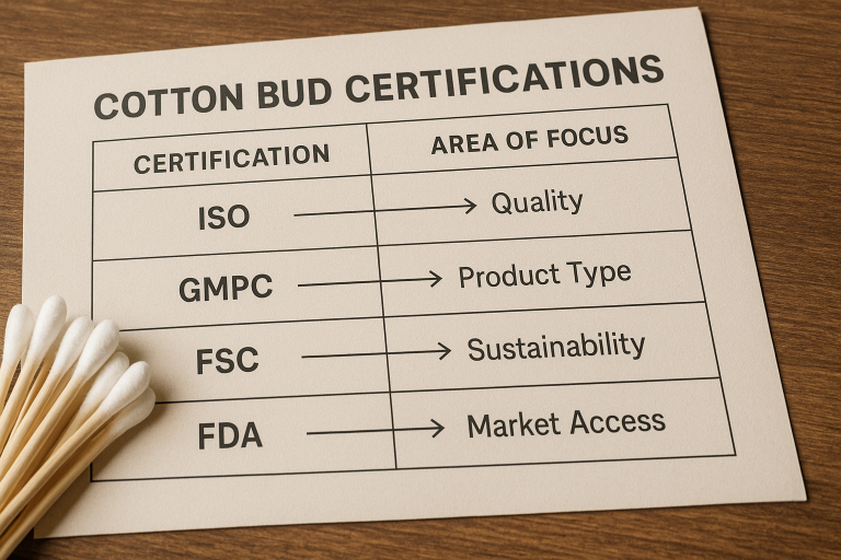 An infographic visually mapping various cotton bud certifications (e.g., ISO, GMPC, FSC, FDA) to their corresponding areas of focus (quality, product type, sustainability, market access), aiding buyers in understanding the strategic implications of each.