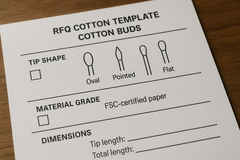 A visual representation of a comprehensive RFQ template section for cotton buds, highlighting fields for specific tip shapes, material grades (e.g., FSC-certified paper), and precise dimensional requirements.