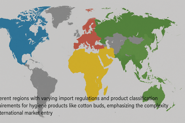 A simplified global map highlighting different regions with varying import regulations and product classification requirements for hygiene products like cotton buds, emphasizing the complexity of international market entry.
