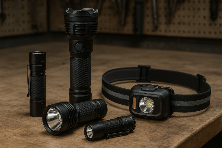 A professional image of various flashlight types (EDC, tactical, headlamp) arranged on a workbench, highlighting the diversity and technical nature of the product category for potential sourcing, serving as a visual introduction to product scope.
