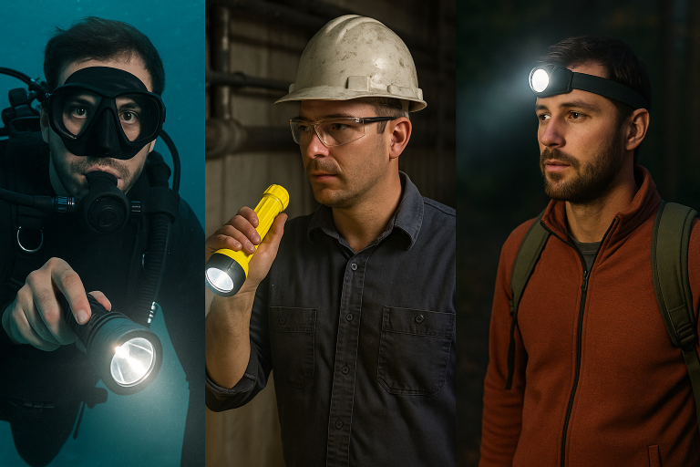 A visual collage showcasing different flashlight types for specific applications: a diver holding an underwater light, a technician with an intrinsically safe flashlight, and an outdoor enthusiast using a headlamp, illustrating the diverse market needs.