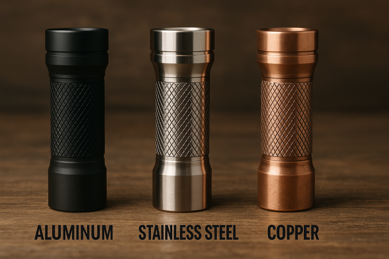 A side-by-side comparison image of flashlight bodies made from different materials (aluminum, stainless steel, copper), emphasizing their aesthetic, structural, and thermal properties relevant to sourcing decisions.