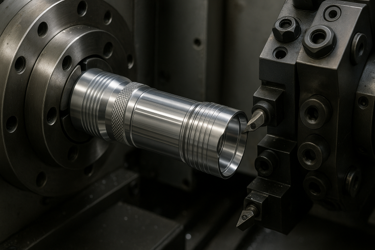 A visual representation of a CNC lathe machining a flashlight body, illustrating the precision required for metal housing fabrication and the high level of automation in modern production.