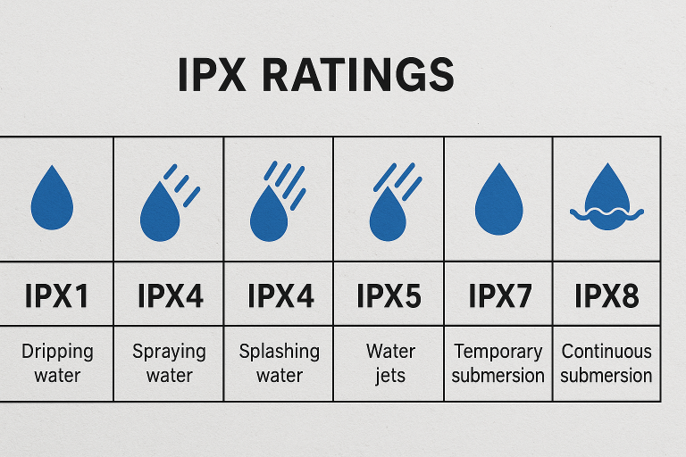 A visual chart explaining different IPX ratings (e.g., IPX4, IPX7, IPX8) with corresponding water droplet or submersion icons, helping to clarify waterproofing standards and inform product specifications.