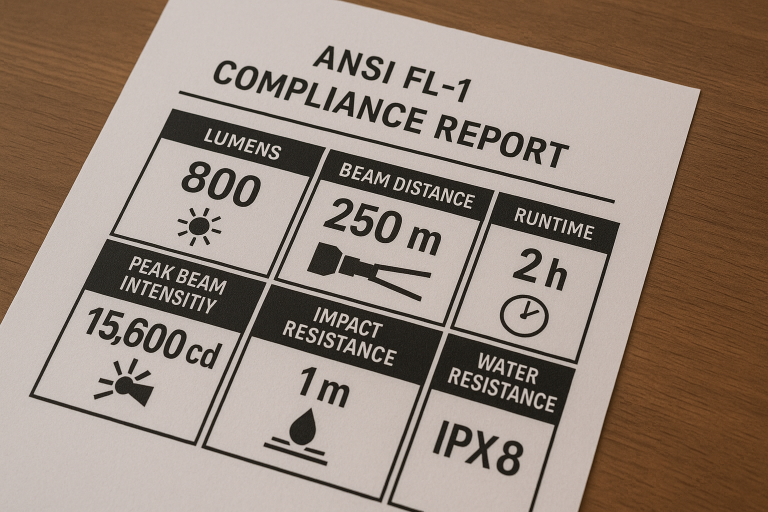 An example of an ANSI FL-1 standard compliance report for a flashlight, showing various metrics like lumens, beam distance, and runtime, used as a reference for RFQ requirements and validating product performance.