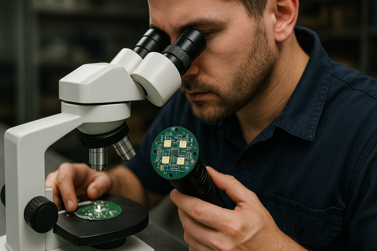A technician inspecting a flashlight PCB under a microscope, emphasizing the detailed pre-production checks for circuit integrity, soldering quality, and component placement to ensure performance.