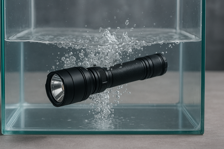 A clear photo of a flashlight undergoing a water submersion test in a controlled tank, illustrating the critical verification process for its IPX rating and overall waterproofing integrity.