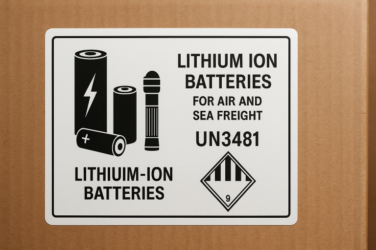 An example of a dangerous goods label for lithium-ion batteries (Class 9), highlighting the specific markings required for air and sea freight of flashlight products containing such power sources.