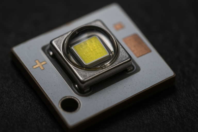 A close-up image of a high-power LED chip mounted on a small circuit board, illustrating the compact and advanced light source fundamental to modern flashlight performance.