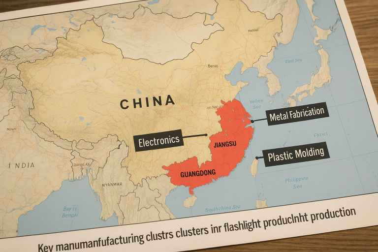 A map highlighting key manufacturing clusters in China (Guangdong, Zhejiang, Jiangsu), illustrating geographic specialization for electronics, plastic molding, and metal fabrication relevant to flashlight production.
