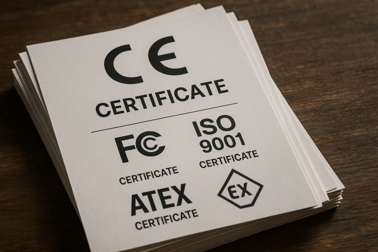 A stack of international certification documents (e.g., CE, FCC, ISO9001, ATEX), emphasizing the rigorous compliance requirements for sourcing specialized electronic products like flashlights.