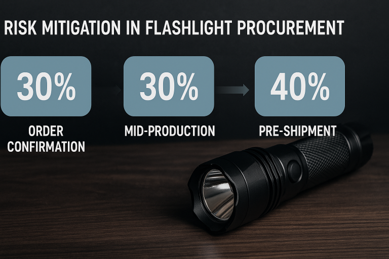 A graphic illustrating the phased payment structure, with percentages tied to key milestones like order confirmation, mid-production, and pre-shipment, visually representing risk mitigation in flashlight procurement.