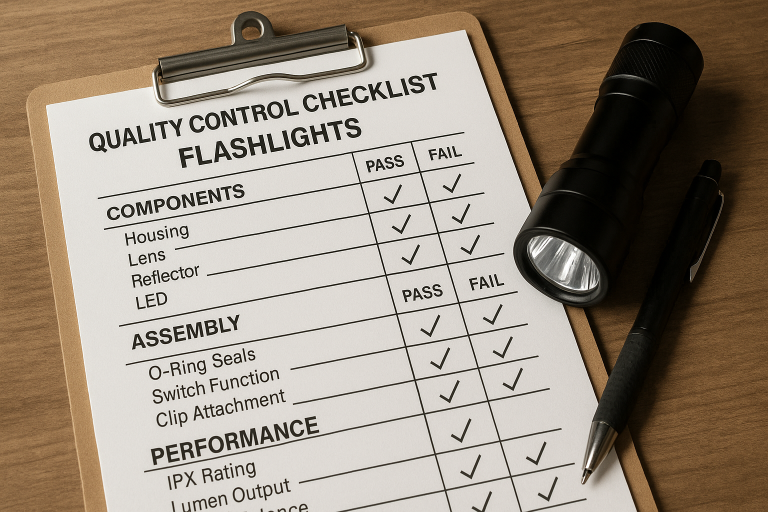 A detailed quality control checklist for flashlights, showing specific inspection points for components, assembly, and performance (e.g., IPX rating, lumen output), highlighting a robust QC process.