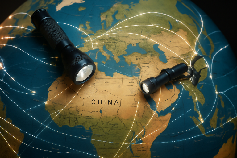 A visual representation of a globe overlaid with shipping routes (air and sea), emphasizing the global logistics involved in importing flashlights from China and the complexities of international trade.