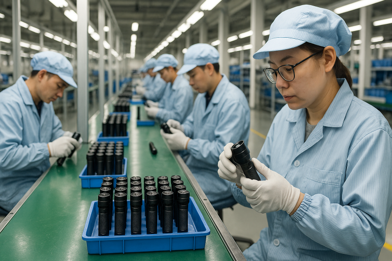 A professional factory floor showing clean assembly lines and technicians wearing ESD gear, indicating a manufacturer's commitment to quality control and precision in flashlight production.