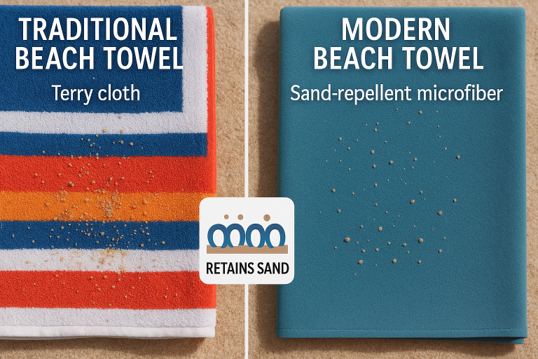 An infographic visually comparing traditional terry cloth beach towels with modern sand-repellent microfiber options, highlighting sand retention differences through a schematic illustration.