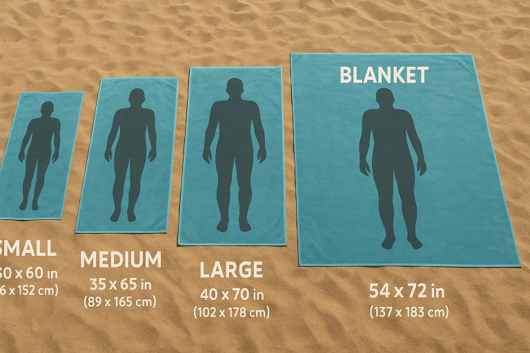 A visual guide illustrating different standard beach towel sizes (small, medium, large, blanket) with typical dimensions, demonstrating their coverage for various recreational uses.