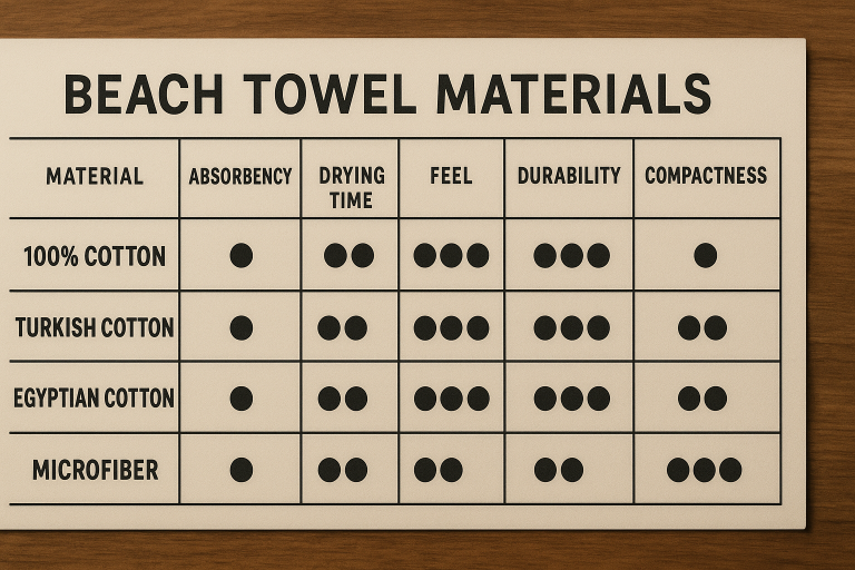A comparative chart detailing key performance properties (absorbency, drying time, feel, durability, compactness) across different beach towel materials like 100% cotton, Turkish cotton, Egyptian cotton, and microfiber, informing material selection.