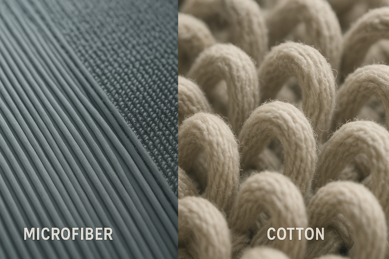 Microscopic view illustrating the tightly woven, thin fibers of microfiber material compared to the thicker, looped structure of cotton, visually explaining rapid drying.