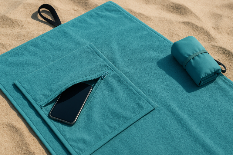 A visual representation showcasing various integrated features on beach towels, including a hidden zippered pocket, an attached hanging loop, and a compact carrying pouch, demonstrating enhanced utility.