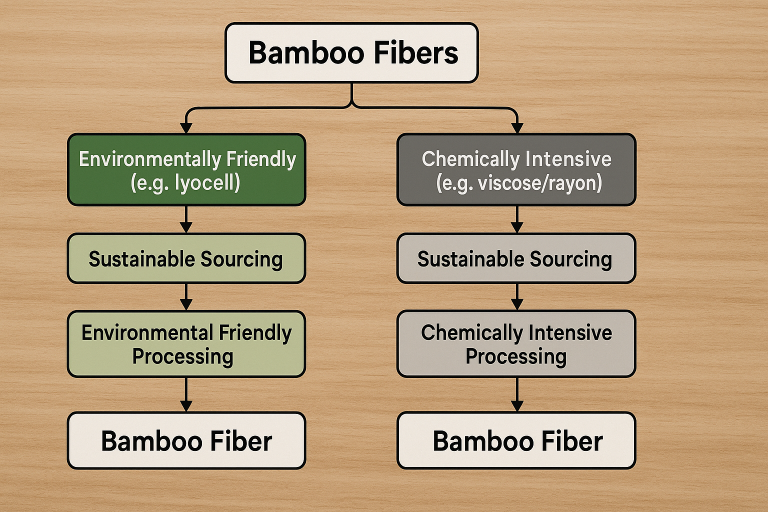 A flow diagram illustrating the difference between environmentally friendly (e.g., lyocell) and chemically intensive (e.g., viscose/rayon) processing methods for bamboo fibers, emphasizing the distinction for sustainable sourcing.