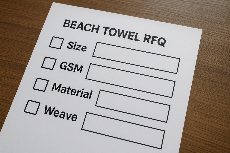 A visual checklist for key specifications (size, GSM, material type, weave) to include in a beach towel RFQ, highlighting fields for precise data entry.
