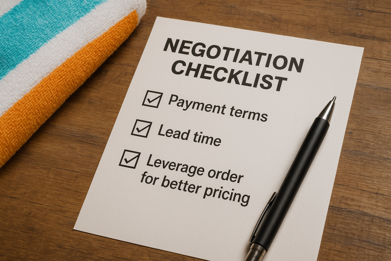 A negotiation checklist graphic, emphasizing key discussion points like payment terms, lead times, and leveraging order volume for better pricing in beach towel procurement.