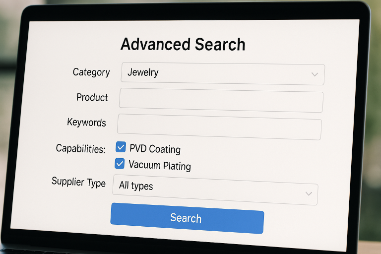 A mockup screenshot of a B2B platform's advanced search interface, highlighting specific filter options for 