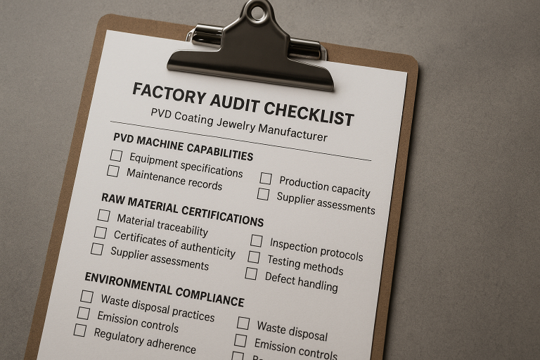 A visual representation of a comprehensive factory audit checklist, specifically tailored for PVD Coating Jewelry manufacturers, highlighting critical sections for PVD machine capabilities, raw material certifications, in-process QC procedures, and environmental compliance, to guide buyers in conducting thorough vetting.